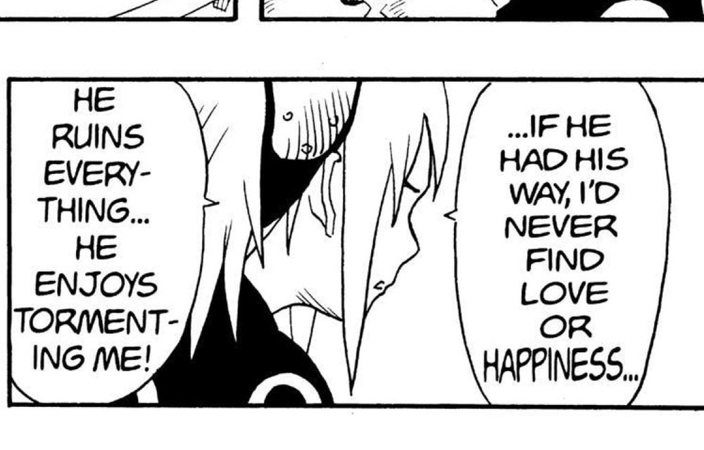 Naruto Vol. 1 (VIZ Media), p.100 — the same panel, mirrored for English reading order: "HE RUINS EVERYTHING... HE ENJOYS TORMENTING ME! ...IF HE HAD HIS WAY, I'D NEVER FIND LOVE OR HAPPINESS..."