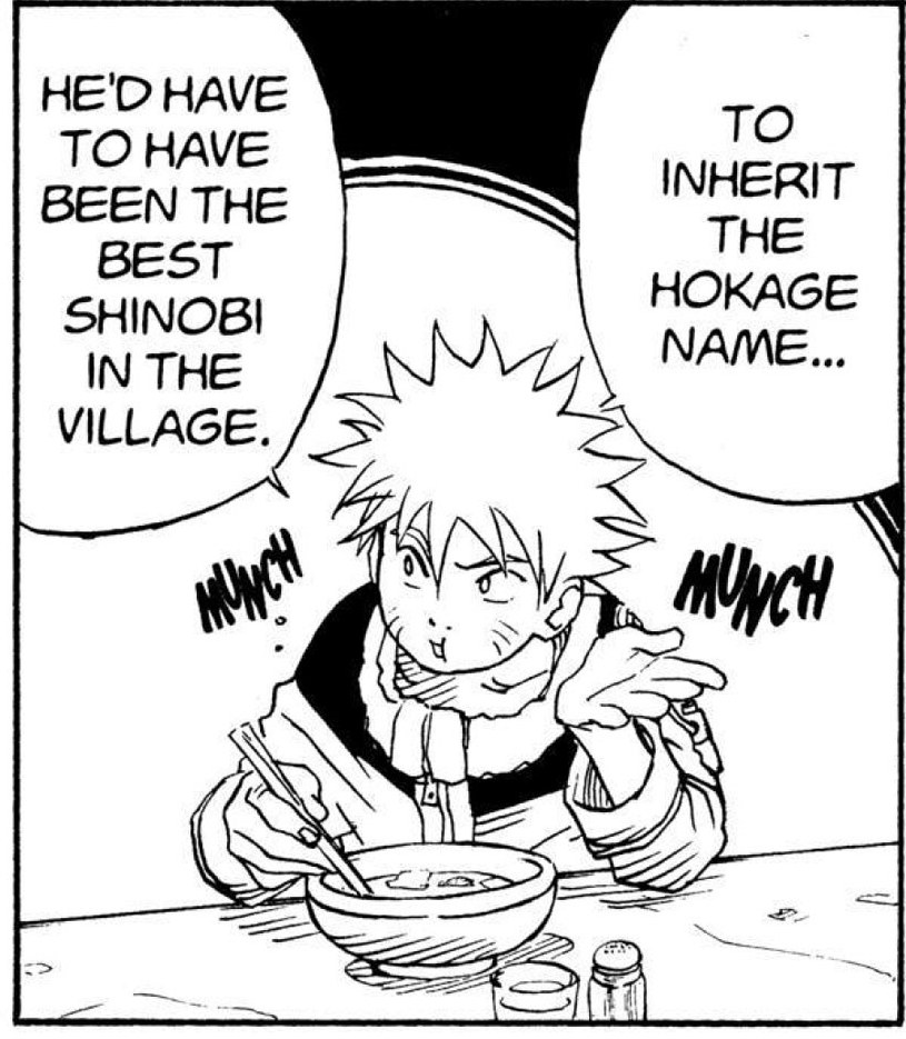 Naruto Vol. 1 (VIZ Media), p.17 — the same panel: "HE'D HAVE TO HAVE BEEN THE BEST SHINOBI IN THE VILLAGE." VIZ renders the spoken 忍者 (ninja) as "shinobi."