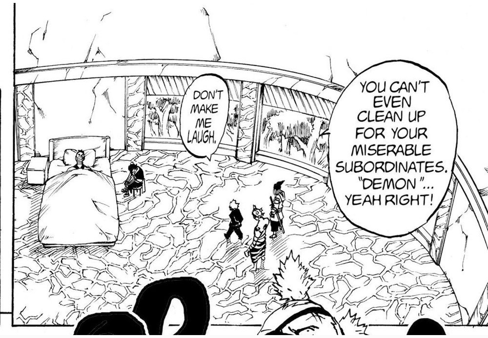 Naruto Vol. 3 (VIZ Media), p.20 — the same panel: "YOU CAN'T EVEN CLEAN UP FOR YOUR MISERABLE SUBORDINATES. 'DEMON'... YEAH RIGHT!" / "DON'T MAKE ME LAUGH."