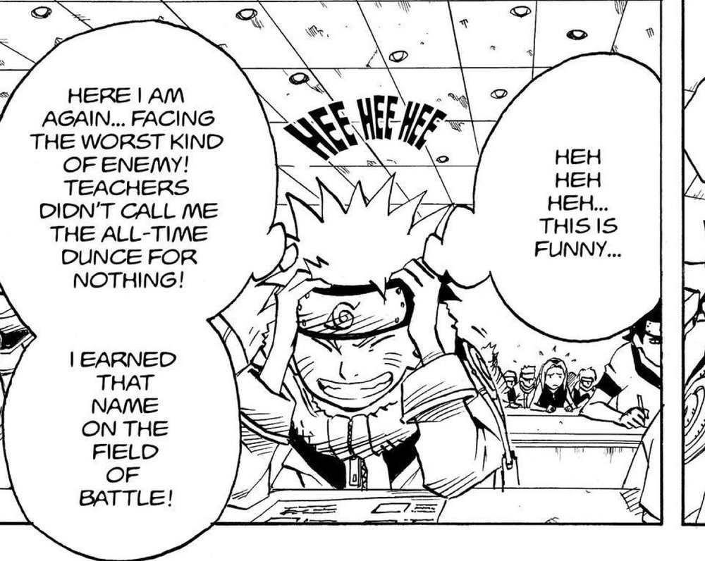 Naruto Vol. 5 (VIZ Media), p.87 — the same panel: "HERE I AM AGAIN... FACING THE WORST KIND OF ENEMY! TEACHERS DIDN'T CALL ME THE ALL-TIME DUNCE FOR NOTHING!" / "I EARNED THAT NAME ON THE FIELD OF BATTLE!"