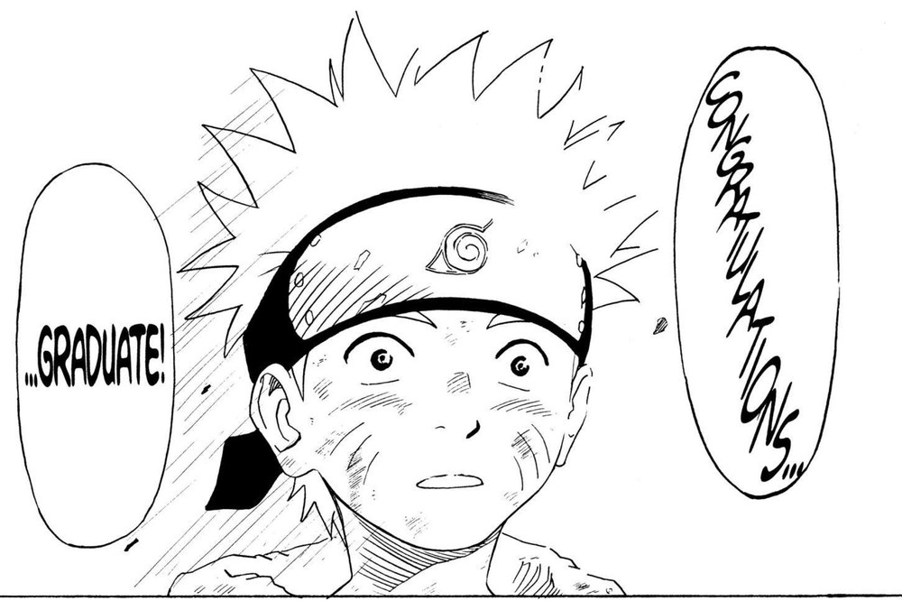Naruto Vol. 1 (VIZ Media), p.59 — the same panel: "...GRADUATE!" and "CONGRATULATIONS..." over Naruto's disbelieving face.