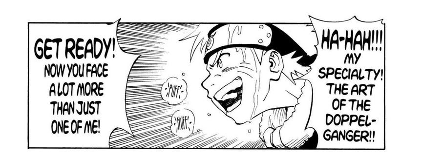 Naruto Uzumaki boasting about his Multi Shadow Clone technique, Naruto Vol. 1