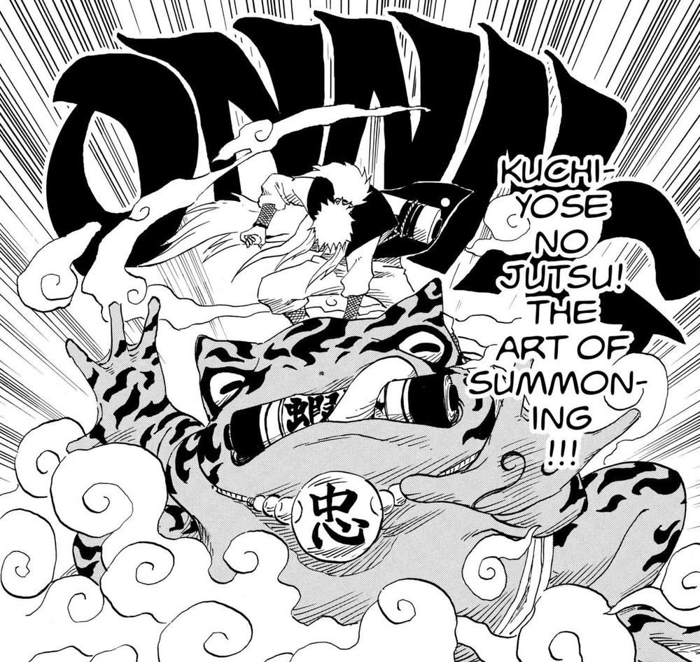 Jiraiya summoning the toad boss Gamabunta and naming Kuchiyose no Jutsu for Naruto, Naruto Vol. 11
