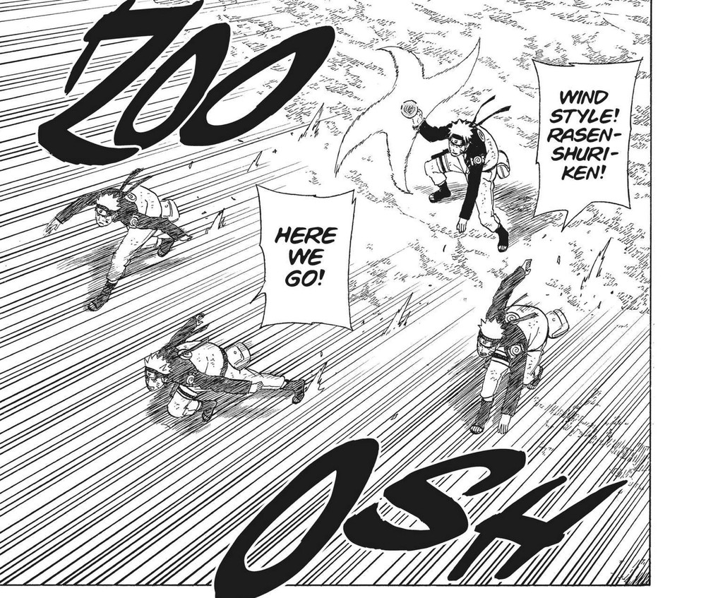 Naruto and his shadow clones charging Kakuzu with Wind Style: Rasen-Shuriken, Naruto Vol. 38