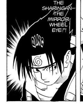 Sasuke Uchiha reacting to Kakashi's Sharingan for the first time, Naruto Vol. 2
