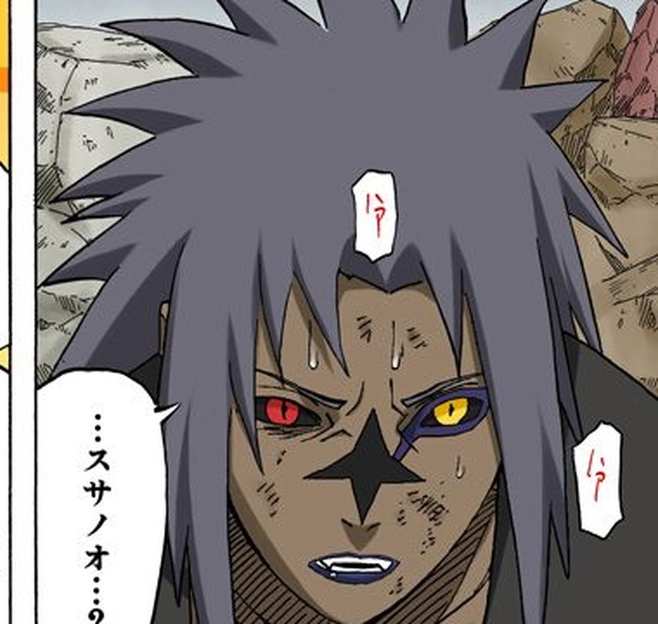 Itachi Uchiha's third-eye Mangekyo marking as he manifests Susanoo for the first time, Naruto Vol. 43