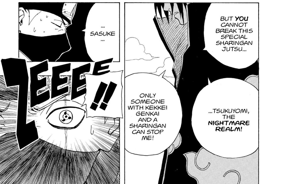 Kakashi's Mangekyo Sharingan-marked eye reveal as Itachi casts Tsukuyomi, Naruto Vol. 16