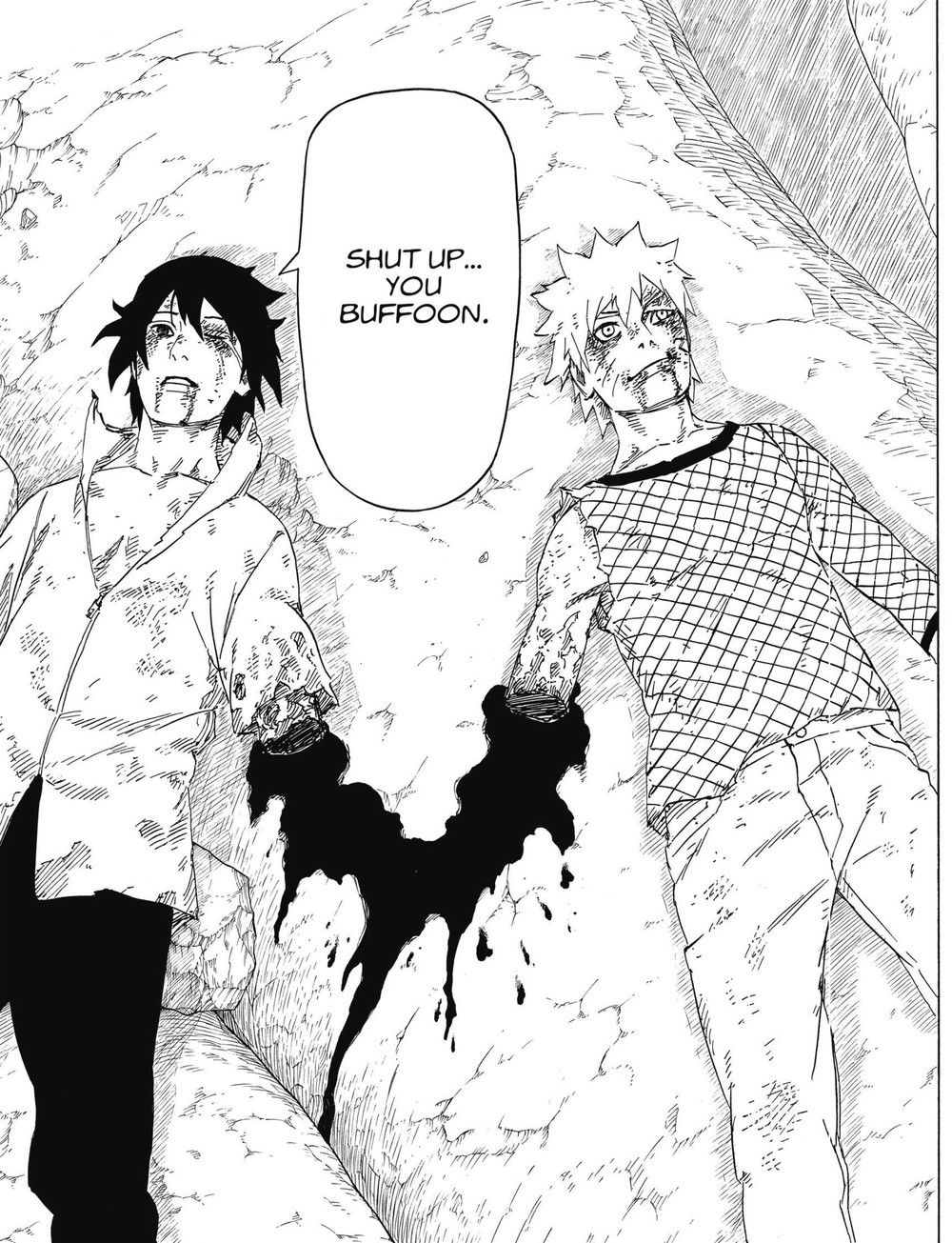Naruto Vol. 72 (VIZ Media), p.160 — the same panel: Sasuke and Naruto lying wounded in the crater, Sasuke's bubble reading "SHUT UP... YOU BUFFOON."