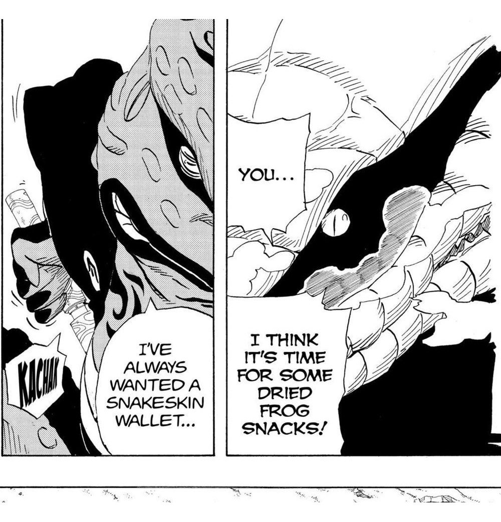 Naruto Vol. 19 (VIZ Media), p.154 — the same exchange: "I'VE ALWAYS WANTED A SNAKESKIN WALLET..." / "I THINK IT'S TIME FOR SOME DRIED FROG SNACKS!"