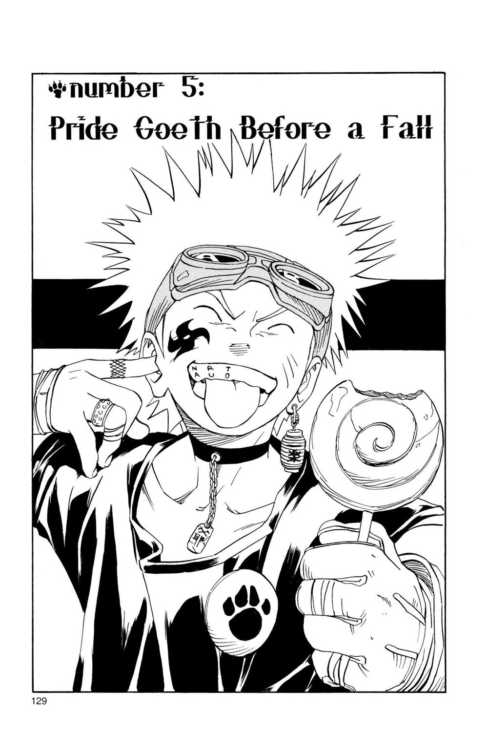 Naruto Vol. 1 (VIZ Media), p.129 — the same splash page: "number 5: Pride Goeth Before a Fall," over the identical portrait of Naruto.