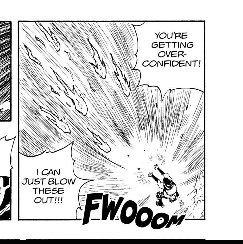 Naruto Vol. 7 (VIZ Media), p.35 — the same panel: "YOU'RE GETTING OVER-CONFIDENT!" over Zaku shouting "I CAN JUST BLOW THESE OUT!!!" as the fireball-and-shuriken combo closes in.