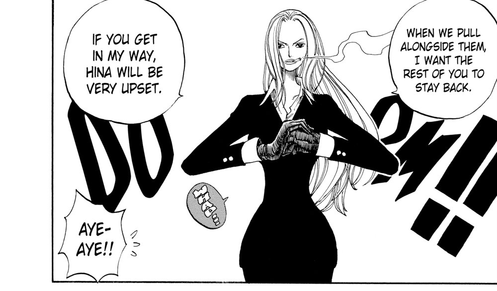 One Piece Vol. 23 (VIZ Media), p.198 — the same panel: "IF YOU GET IN MY WAY, HINA WILL BE VERY UPSET."