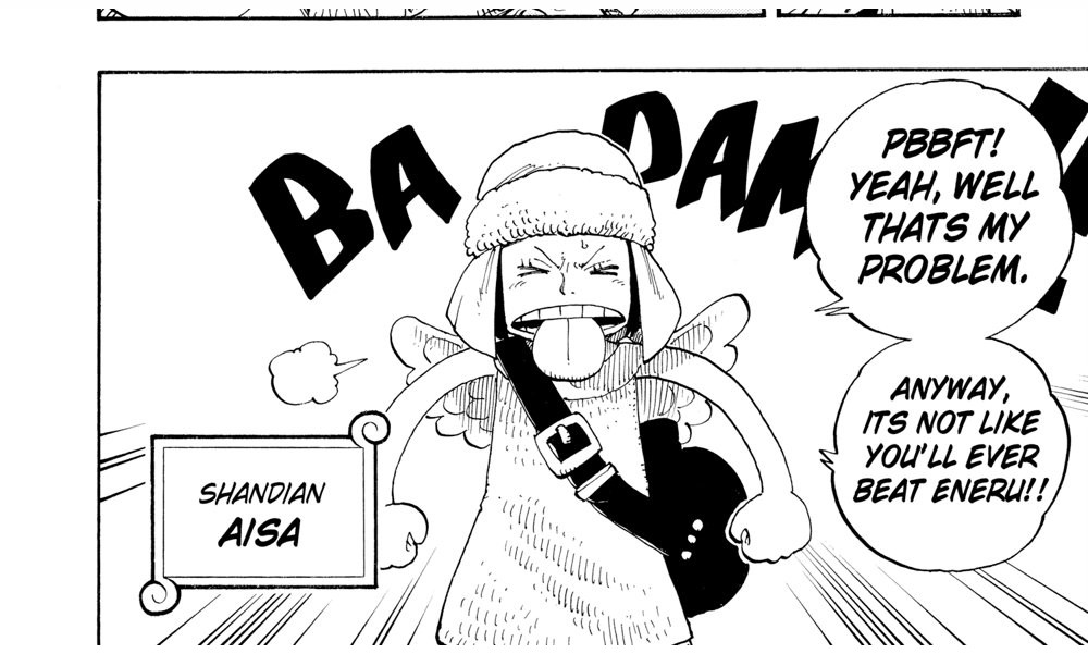 One Piece Vol. 27 (VIZ Media), p.52 — the same panel, labelled “SHANDIAN AISA”: “PBBFT! YEAH, WELL THAT'S MY PROBLEM.”
