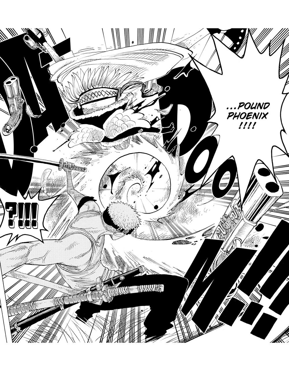 One Piece Vol. 28 (VIZ Media) — the same spread: Zoro's swing and the bubble "...POUND PHOENIX!!!!"