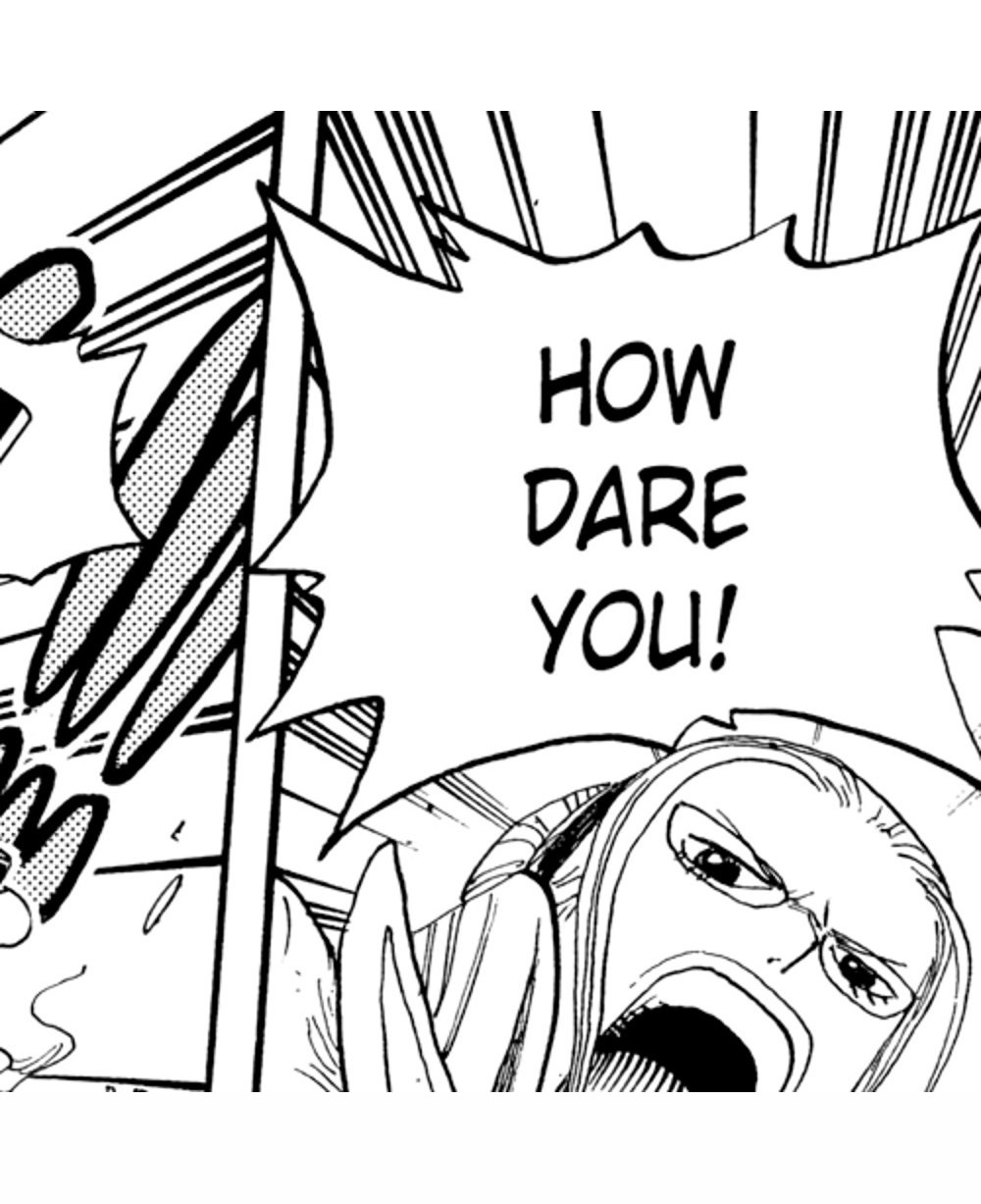 One Piece Vol. 34 (VIZ Media), p.200 — the same panel: Kalifa's furious close-up reads "HOW DARE YOU!"