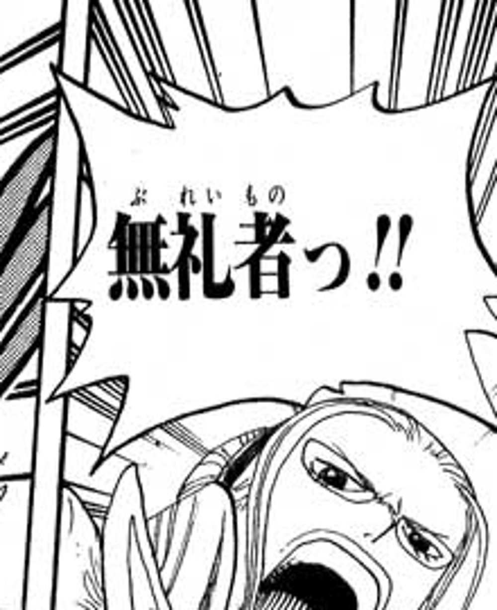 One Piece Vol. 34, p.191 (Japanese) — Kalifa's face fills the panel, scowling behind her glasses, mid-shout: 「無礼者っ！！」 (furigana ぶれいもの over 無礼者), right after her flying kick sends Luffy tumbling in the panel beside her.