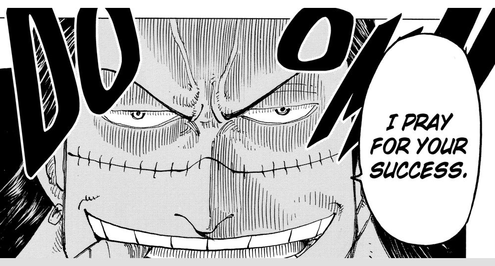 One Piece Vol. 18 (VIZ Media), p.201 — the same close-up of Crocodile's grin: "I PRAY FOR YOUR SUCCESS."