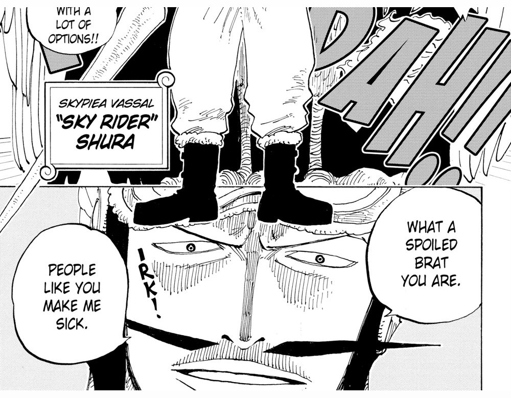 One Piece Vol. 27 (VIZ Media), p.37 — the same beat: "SKYPIEA VASSAL 'SKY RIDER' SHURA" / "PEOPLE LIKE YOU MAKE ME SICK." / "WHAT A SPOILED BRAT YOU ARE."