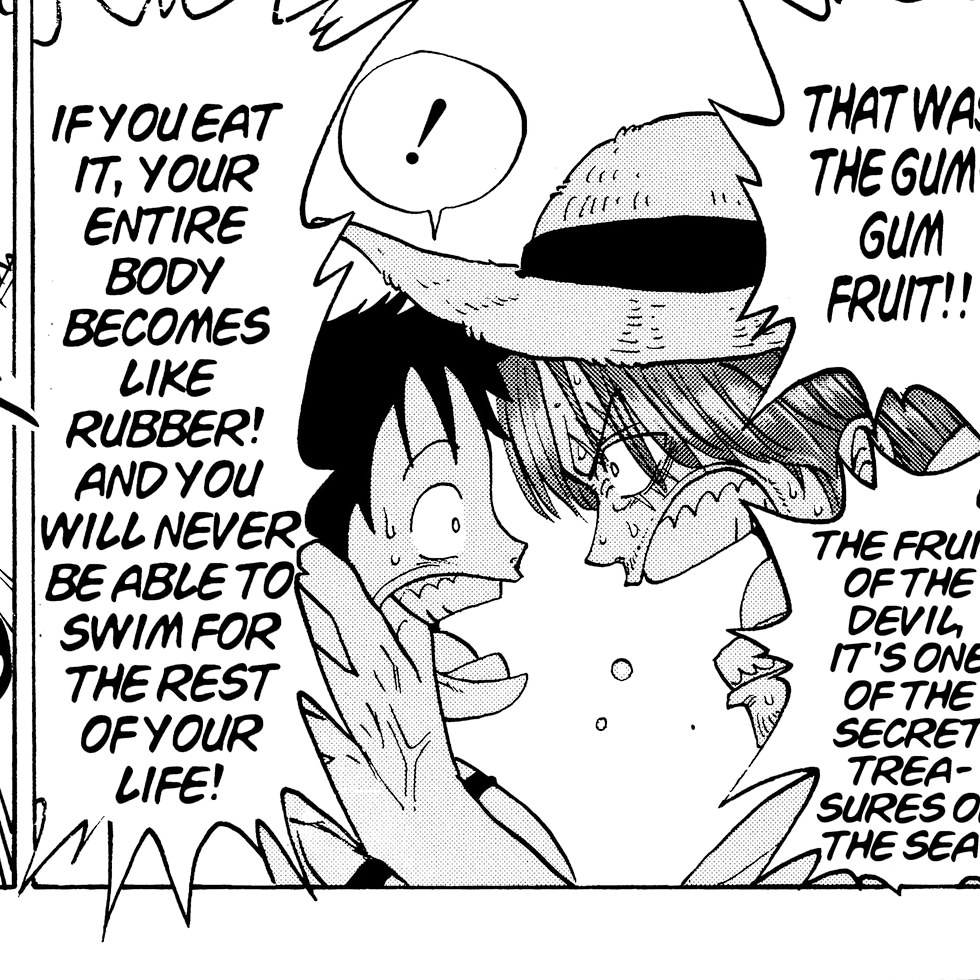 The same panel in VIZ's edition — "THAT WAS THE GUM-GUM FRUIT!!" / "IF YOU EAT IT, YOUR ENTIRE BODY BECOMES LIKE RUBBER! AND YOU WILL NEVER BE ABLE TO SWIM FOR THE REST OF YOUR LIFE!" / "THE FRUIT OF THE DEVIL, IT'S ONE OF THE SECRET TREASURES OF THE SEA!"