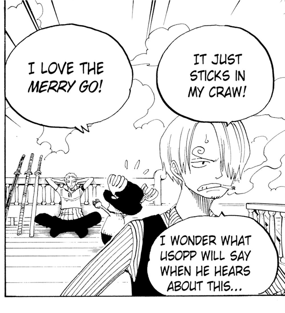 One Piece Vol. 35 (VIZ Media), p.32 — the same panel: "IT JUST STICKS IN MY CRAW!" / "I LOVE THE MERRY GO!" / "I WONDER WHAT USOPP WILL SAY WHEN HE HEARS ABOUT THIS..."