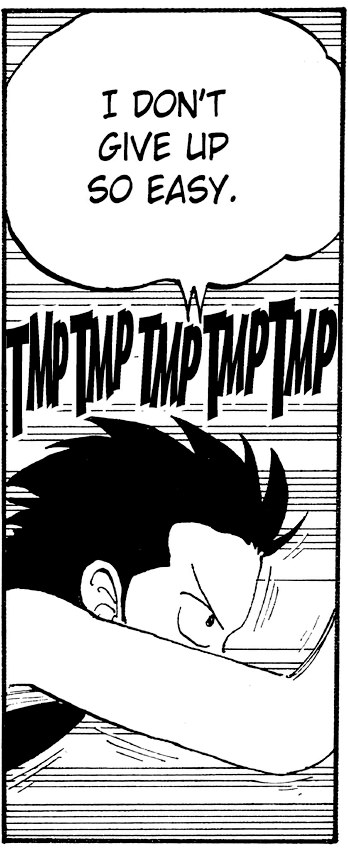 The same panel in VIZ's edition: Luffy's determined face beneath the balloon "I DON'T GIVE UP SO EASY." and a "TMP TMP" effect.