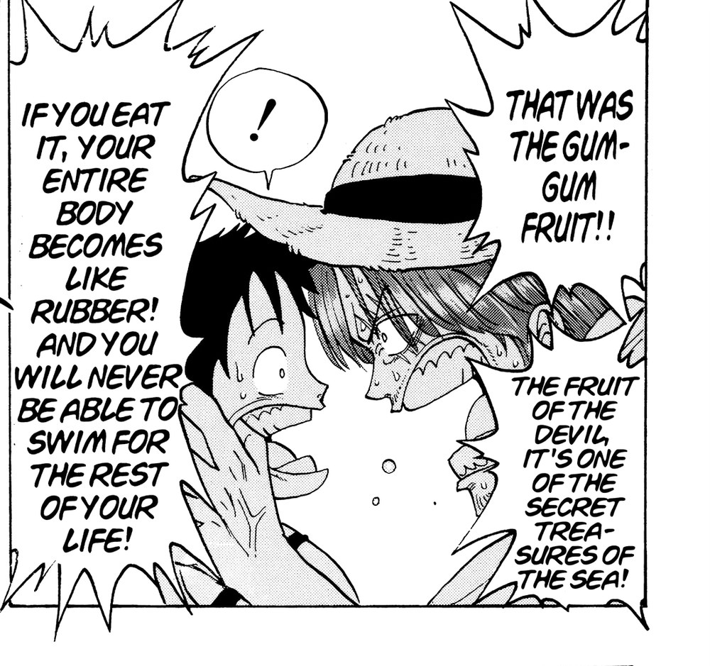 One Piece Vol. 1 (VIZ Media), p.25 — the same panel: "THAT WAS THE GUM-GUM FRUIT!! IF YOU EAT IT, YOUR ENTIRE BODY BECOMES LIKE RUBBER! AND YOU WILL NEVER BE ABLE TO SWIM FOR THE REST OF YOUR LIFE!" / "THE FRUIT OF THE DEVIL, IT'S ONE OF THE SECRET TREASURES OF THE SEA!"