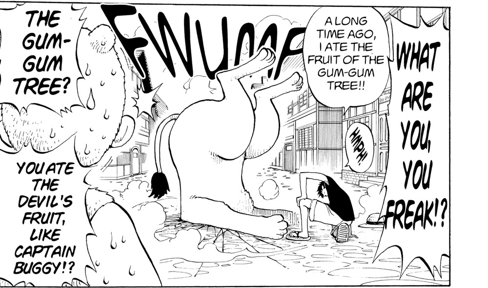 One Piece Vol. 2 (VIZ Media), p.107 — the same panel: "A LONG TIME AGO, I ATE THE FRUIT OF THE GUM-GUM TREE!!" / "WHAT ARE YOU, YOU FREAK!?"