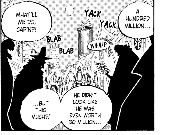 The same Mock Town panel in VIZ's edition — "A HUNDRED MILLION..." "WHAT'LL WE DO, CAP'N?!" "HE DIDN'T LOOK LIKE HE WAS EVEN WORTH 30 MILLION..." "...BUT THIS MUCH?!" — with no "Haki" anywhere in the English text.