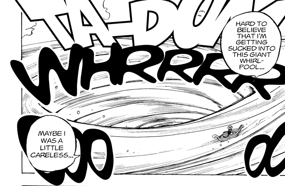 The same whirlpool panel in VIZ's edition: "Hard to believe that I'm getting sucked into this giant whirlpool..." / "Maybe I was a little careless..."