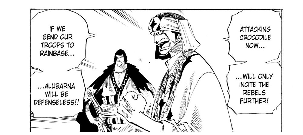 One Piece Vol. 19 (VIZ Media), p.22 — the same panel: "ATTACKING CROCODILE NOW... ...WILL ONLY INCITE THE REBELS FURTHER!"