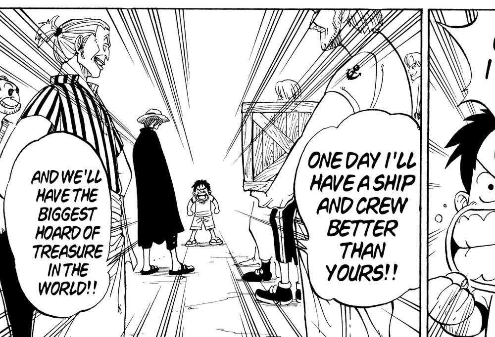 The same dock panel in VIZ's edition: "ONE DAY I'LL HAVE A SHIP AND CREW BETTER THAN YOURS!!" / "AND WE'LL HAVE THE BIGGEST HOARD OF TREASURE IN THE WORLD!!" — 一味 and 仲間 both folded into "a ship and crew."