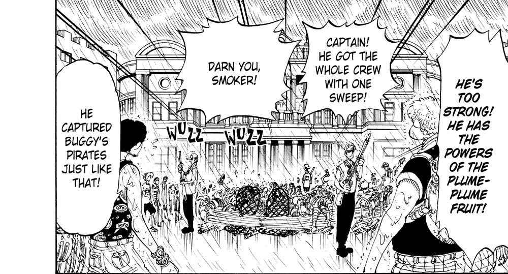 One Piece Vol. 12 (VIZ Media), p.14 — the same scene: "DARN YOU, SMOKER!" / "CAPTAIN! HE GOT THE WHOLE CREW WITH ONE SWEEP!"