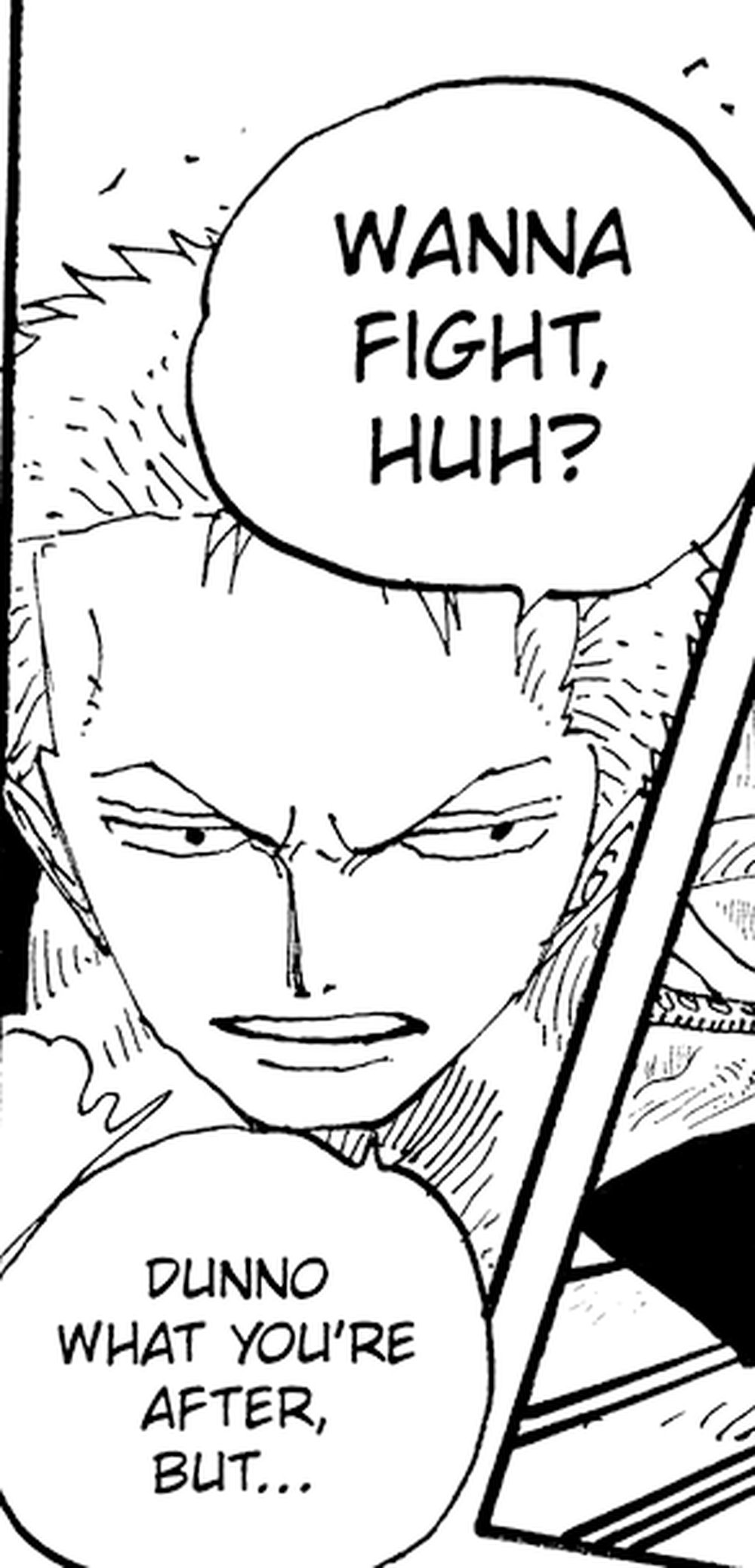 One Piece Vol. 28 (VIZ Media), p.59 — the same panel: "WANNA FIGHT, HUH?" / "DUNNO WHAT YOU'RE AFTER, BUT..."