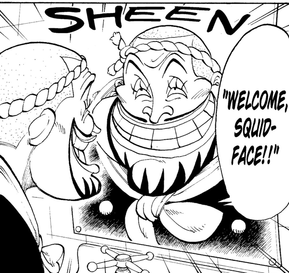 One Piece Vol. 5 (VIZ Media), p.175 — the same panel: "WELCOME, SQUID-FACE!!"