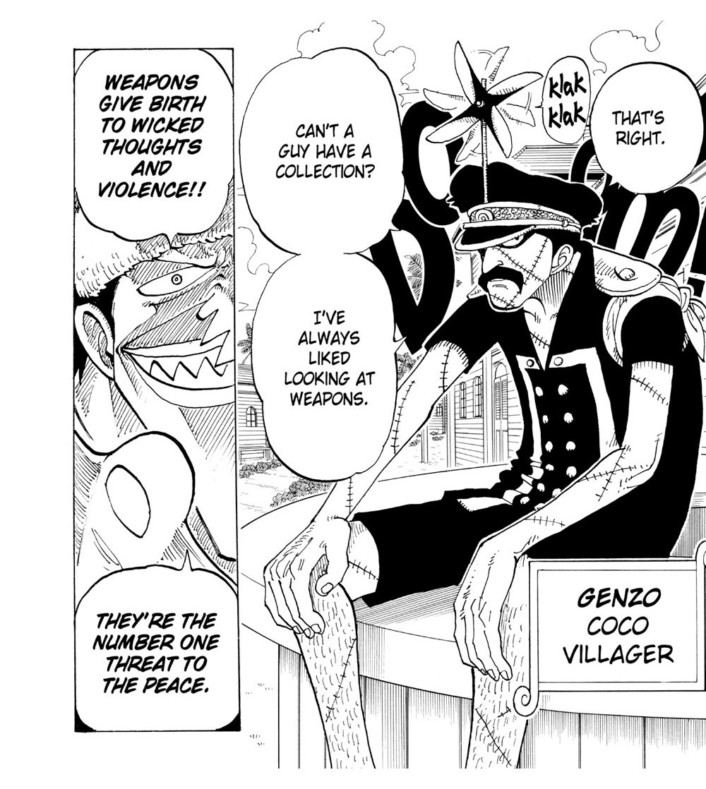 One Piece Vol. 8 (VIZ Media), p.184 — the same panel: "WEAPONS GIVE BIRTH TO WICKED THOUGHTS AND VIOLENCE!! ... THEY'RE THE NUMBER ONE THREAT TO THE PEACE."