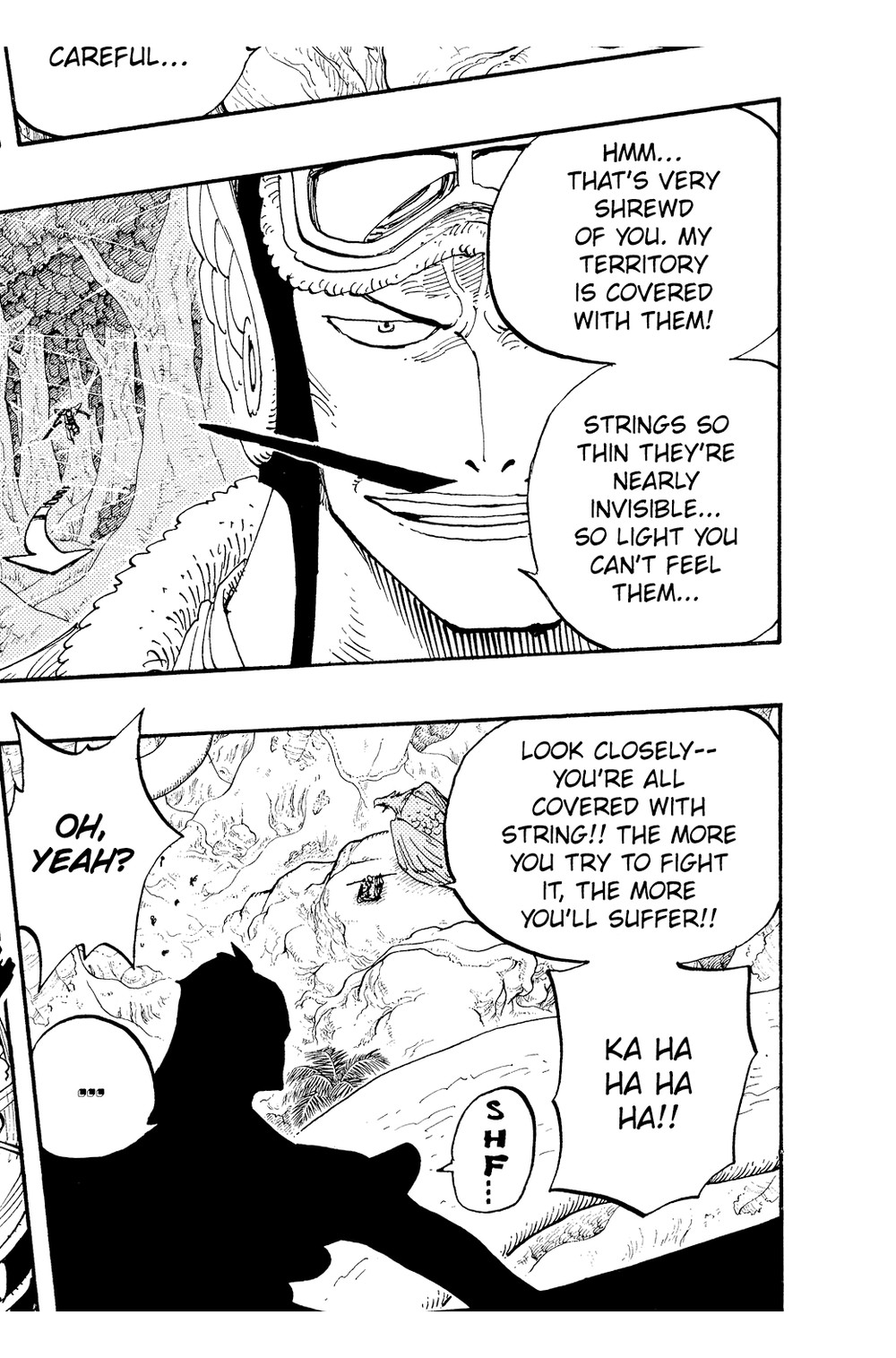 One Piece Vol. 28 (VIZ Media) — the same scene: "LOOK CLOSELY-- YOU'RE ALL COVERED WITH STRING!! THE MORE YOU TRY TO FIGHT IT, THE MORE YOU'LL SUFFER!! KA HA HA HA HA!!"