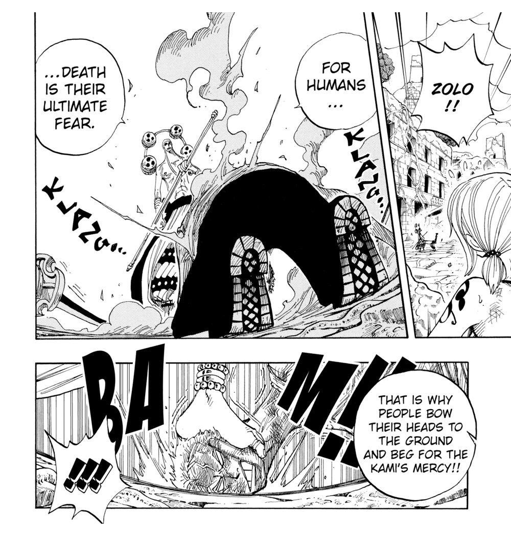 One Piece Vol. 29 (VIZ Media), p.220 — the same two panels: Enel bearing down over the ruined Upper Yard, then the impact panel lettered "THAT IS WHY PEOPLE BOW THEIR HEADS TO THE GROUND AND BEG FOR THE KAMI'S MERCY!!"