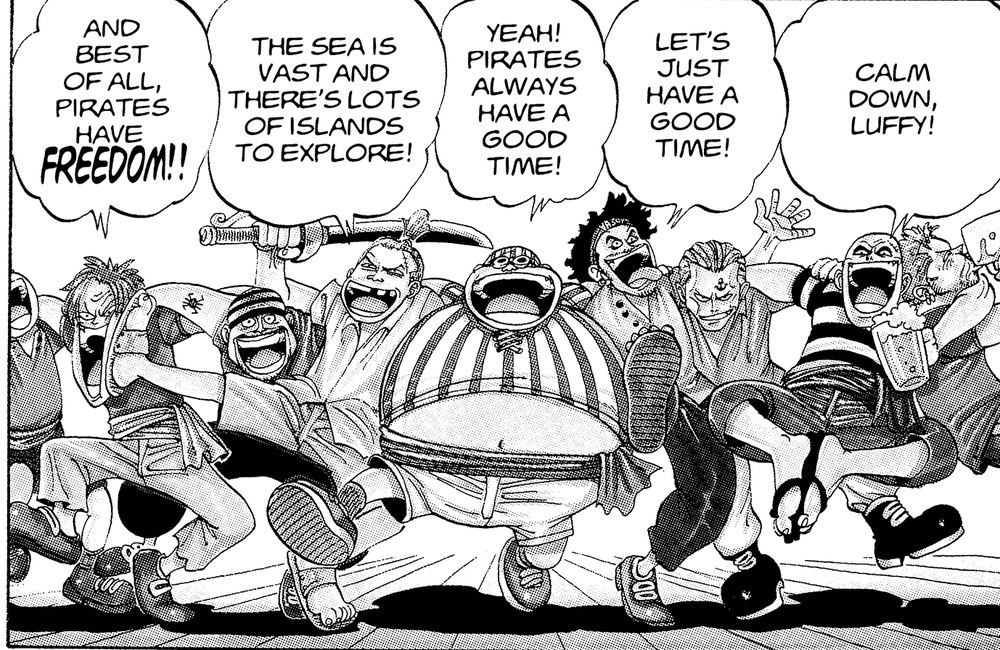 The same carousing panel in VIZ's edition: "AND BEST OF ALL, PIRATES HAVE FREEDOM!!" / "THE SEA IS VAST AND THERE'S LOTS OF ISLANDS TO EXPLORE!" — the crew's creed that Luffy absorbs.