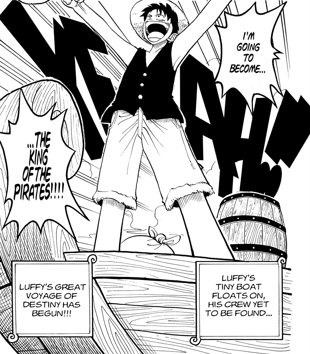 One Piece Vol. 1 (VIZ Media), p.57 — the same panel: "I'M GOING TO BECOME... / ...THE KING OF THE PIRATES!!!!"
