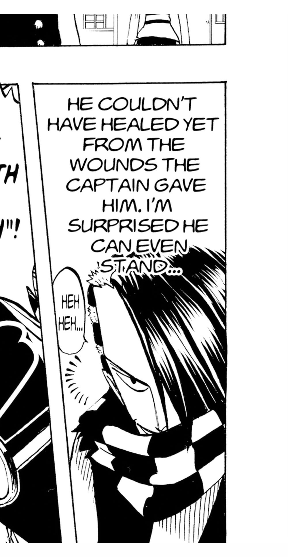 One Piece Vol. 2 (VIZ Media), p.163 — the same panel: "HE COULDN'T HAVE HEALED YET FROM THE WOUNDS THE CAPTAIN GAVE HIM. I'M SURPRISED HE CAN EVEN STAND..."