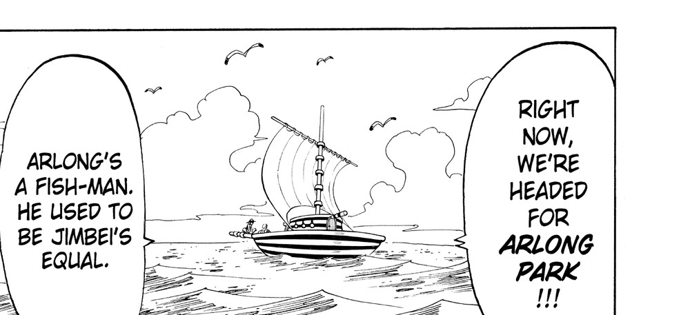 One Piece Vol. 8 (VIZ Media), p.133 — the same panel: "ARLONG'S A FISH-MAN. HE USED TO BE JIMBEI'S EQUAL."