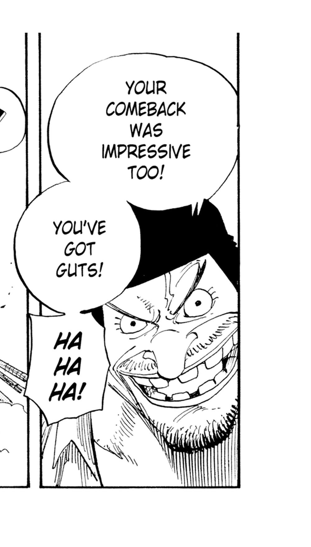 One Piece Vol. 24 (VIZ Media), p.177 — the same panel: "YOUR COMEBACK WAS IMPRESSIVE TOO! YOU'VE GOT GUTS!"