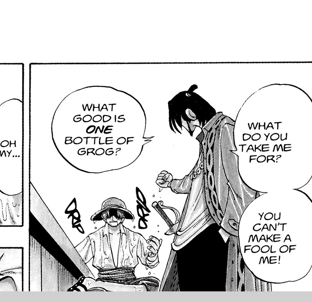 One Piece Vol. 1 (VIZ Media), p.20 — the same panel: "WHAT DO YOU TAKE ME FOR?"