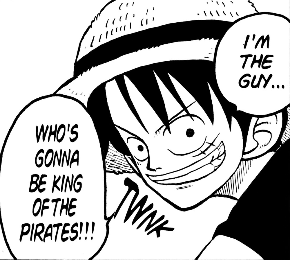 One Piece Vol. 1 (VIZ Media), p.143 — the same panel: "I'M THE GUY... / WHO'S GONNA BE KING OF THE PIRATES!!!"