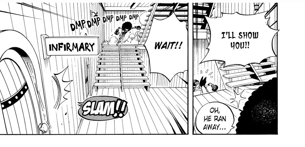 One Piece Vol. 33 (VIZ Media), p.201 — the same chase: Foxy's "I'LL SHOW YOU!!", Luffy's "WAIT!!" and "OH, HE RAN AWAY...", and the infirmary door slamming shut.