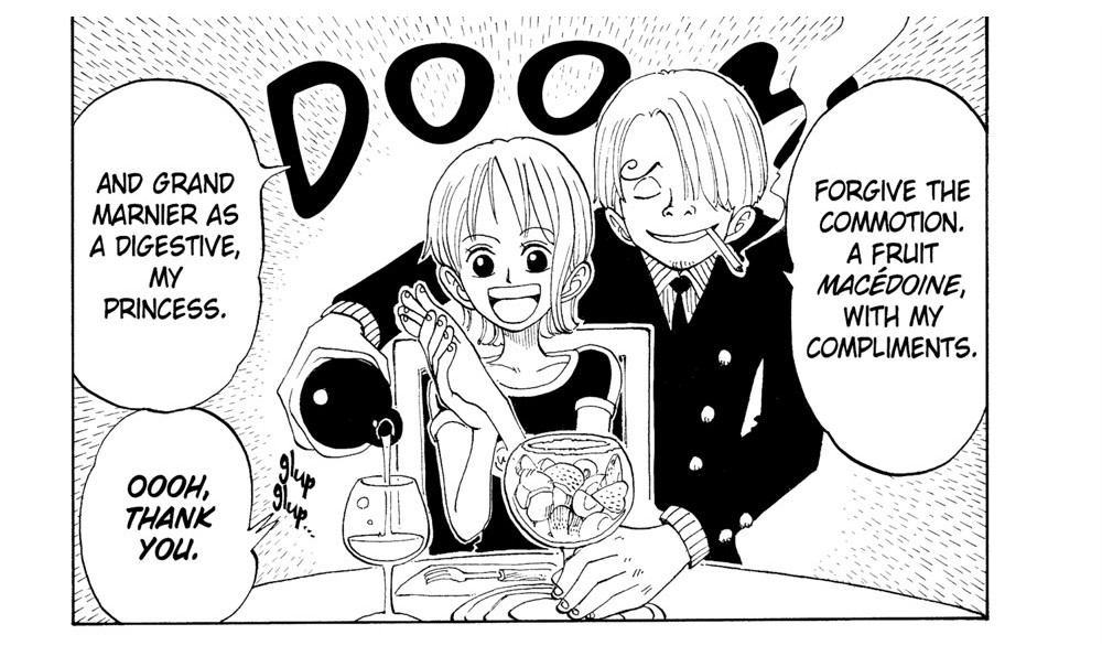 One Piece Vol. 6 (VIZ Media), p.31 — the same panel: "FORGIVE THE COMMOTION. A FRUIT MACÉDOINE, WITH MY COMPLIMENTS."
