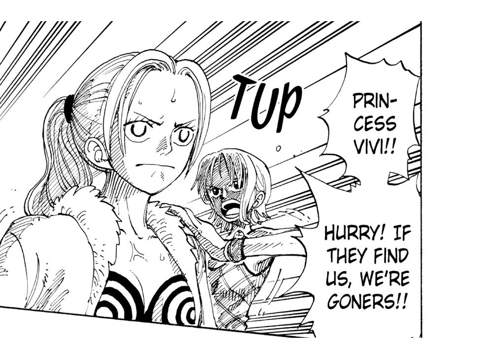 One Piece Vol. 13 (VIZ Media), p.103 — the same panel: "PRINCESS VIVI!! HURRY! IF THEY FIND US, WE'RE GONERS!!"