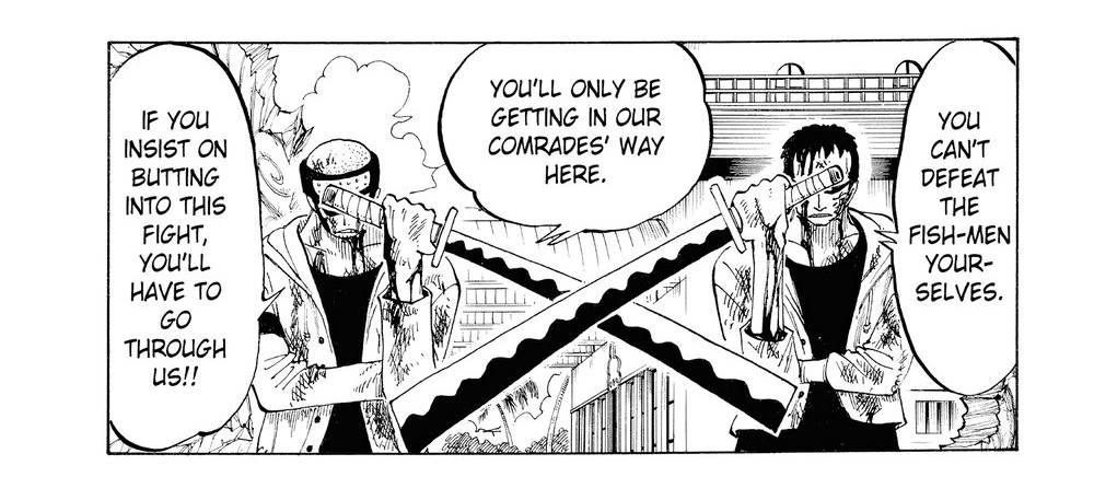 One Piece Vol. 10 (VIZ Media), p.14 — the same two fishermen: "IF YOU INSIST ON BUTTING INTO THIS FIGHT, YOU'LL HAVE TO GO THROUGH US!!"