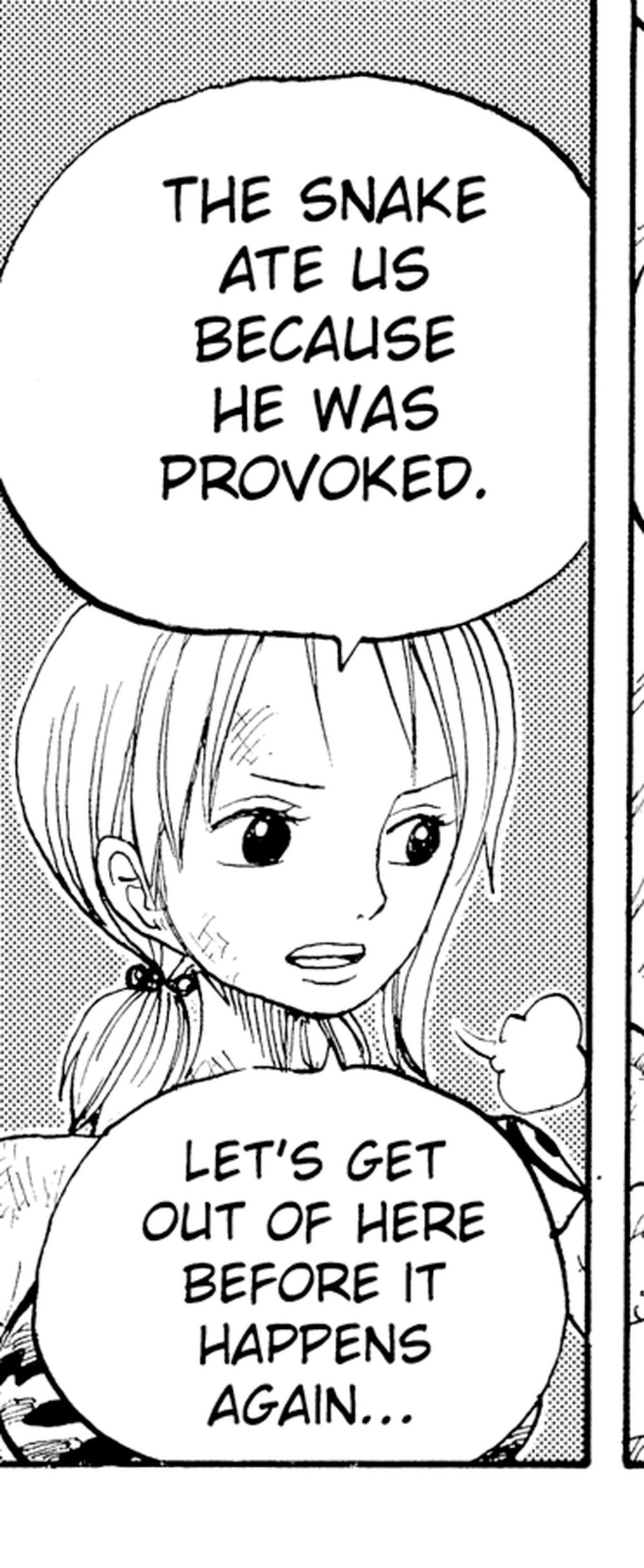 One Piece Vol. 29 (VIZ Media), p.131 — the same panel: "THE SNAKE ATE US BECAUSE HE WAS PROVOKED."