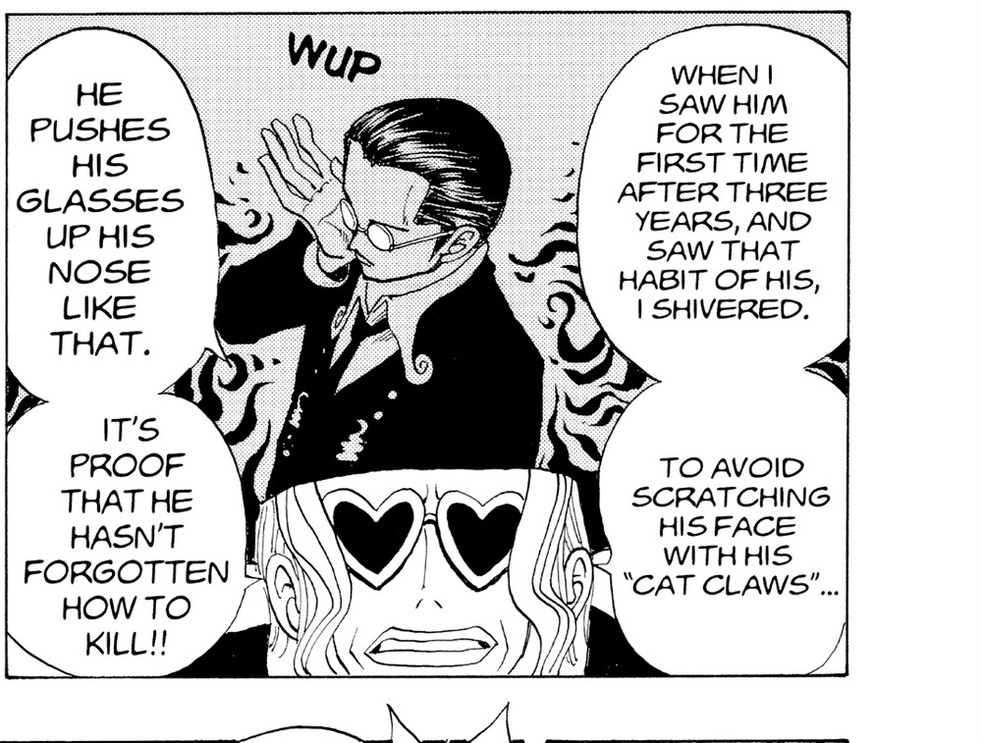 One Piece Vol. 4 (VIZ Media), p.139 — the same panel: "WHEN I SAW HIM FOR THE FIRST TIME AFTER THREE YEARS, AND SAW THAT HABIT OF HIS, I SHIVERED... TO AVOID SCRATCHING HIS FACE WITH HIS 'CAT CLAWS'..."